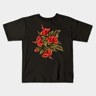 Hibiscus Floral - Red / Black Kids T-Shirt